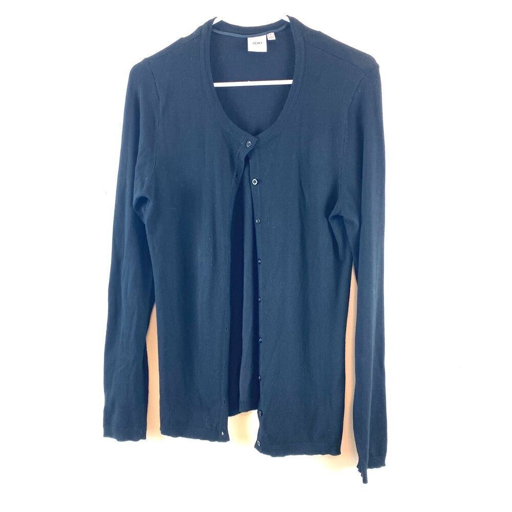 Ichi Black Knit Cardigan Sweater Size Medium Old Money Classic Basics